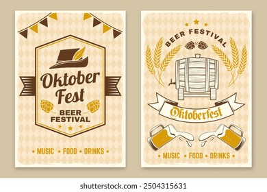 Conjunto de carteles retro Oktoberfest. Vector. Taza de cerveza, sombrero tradicional alemán, barril de cerveza con malta y oreja de cebada.