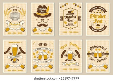 Set of Oktoberfest retro posters. Vector. Beer mug, German traditional hat, Beer barrel with malt and barley ear.