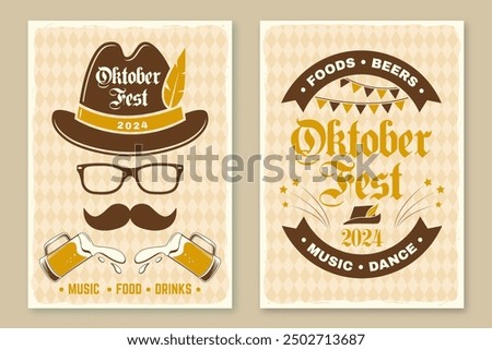 Set of Oktoberfest retro posters. Vector. Beer mug with malt, German traditional hat, eyeglasses.