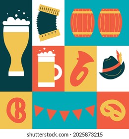 Set of Oktoberfest vector design elements. Vector EPS 10. Beer, accordion, food, Tyrolean hat. Vector Germany icon set. Cartoon flat illustration.