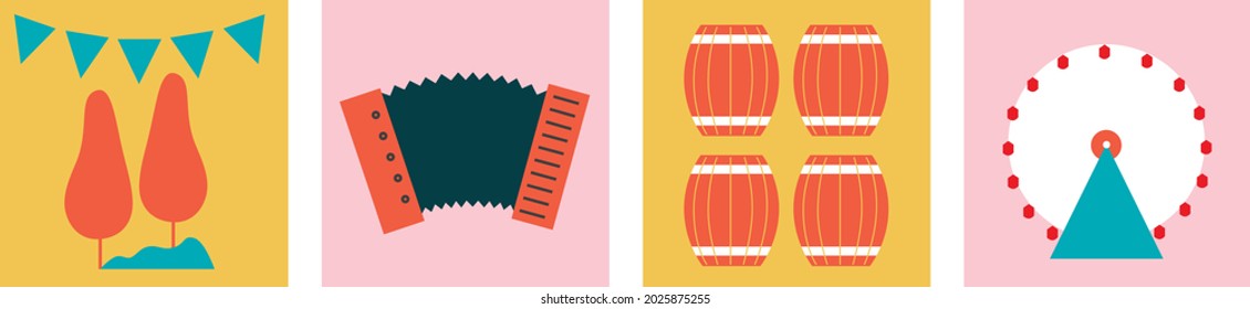 Set of Oktoberfest vector design elements. Vector EPS 10. Beer, food, Tyrolean hat. Vector Germany icon set. Cartoon flat illustration. Oktoberfest clip art elements.