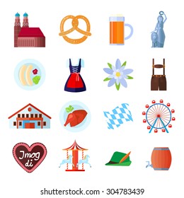 Set of Oktoberfest vector icons: Munich symbols, tent, beer and food, traditional clothing and carousel wheel with Bavarian symbols