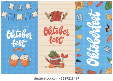 set of Oktoberfest vertical banners decorated with lettering quotes and doodles for signs, posters, prints, invitations, templates, etc. EPS 10