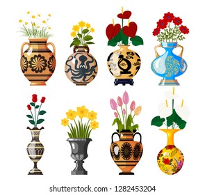 Set of old antique amphoras with blooming flowers for decoration and interior design on a white background. Chamomile, tulip, poppy, rose, narcissus, lilac. Vector illustration