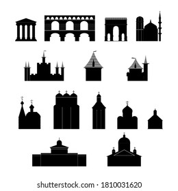 Set of old architectural silhouette icons made in vector. Stylized image of Ancient monuments for a tourist map or other design. Flat style illustration.
