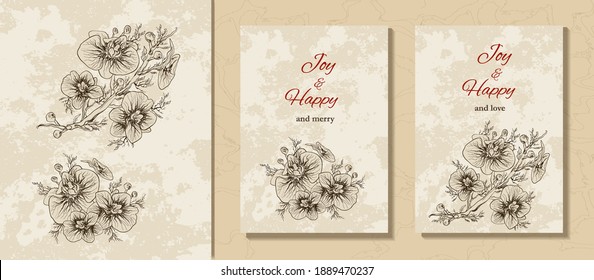 un conjunto de fondo antiguo, una postal, un cartel con una inscripción debajo del texto. ramas dibujadas a mano, flores orquídeas de estilo minimalista. fondo moderno para vacaciones, invitaciones. estilo vintage