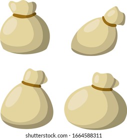 Set of Old bag. Cartoon flat illustration. Element of village and of the middle ages. Storage and packing of cargo and grain. sack package for things. County Gray Burlap with rope