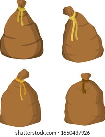 Set of Old bag. County Burlap with rope. Element of village and of middle ages. Storage and packing of cargo and grain. sack package for things. Cartoon flat illustration