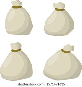 Set of Old bag. County Gray Burlap with rope. Storage and packing of cargo and grain. sack package for things. Cartoon flat illustration. Element of village and of the middle ages