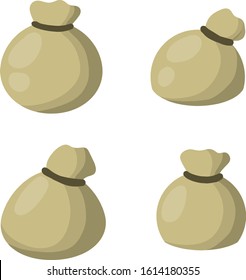 Set of Old bag. County Gray Burlap with rope. Cartoon flat illustration. Element of village and of the middle ages. Storage and packing of cargo and grain. sack package for things