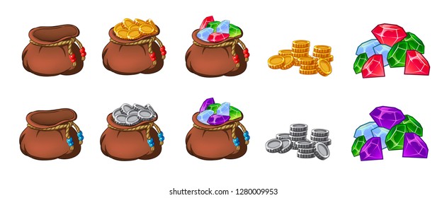 Set of old bags, purses, empty and full of gold, coins, brillants, treasures, for gaming, applications, vector, isolated, cartoon style. Golden and silver sets.