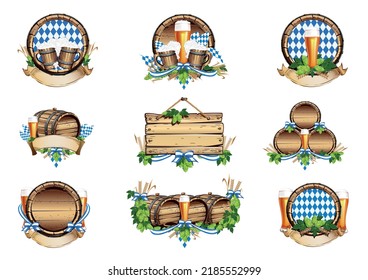 Set of old beer barrel, glass, wooden goblet, wooden signboard for beer festival celebration. Oktoberfest. Decorations for menu, advertising, flyer or poster. Vector illustration.