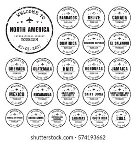 Set of old black worn stamps passport with the name of the countries of North America. Templates sign for the travel and airport. Vector illustration