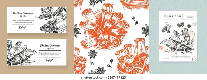 Set of Old book vintage looking vector hand-drawn illustrations. Set includes useful backgrounds, seamless pattern and poster. Good for invitation, product packaging, wallpaper. Ceylon Cinnamon rolls 