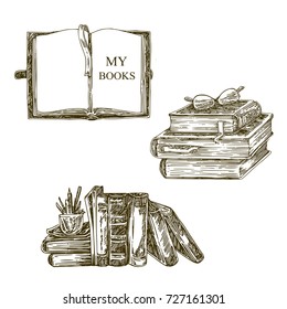 Set of old books. Sketch. Vector illustration.