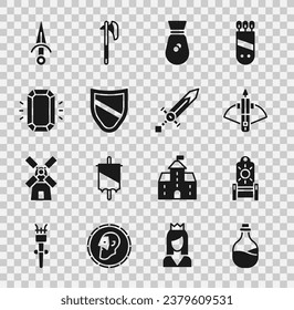 Set Old bottle of wine, Medieval throne, Battle crossbow with arrow, money bag, Shield, Diamond, Dagger and sword icon. Vector