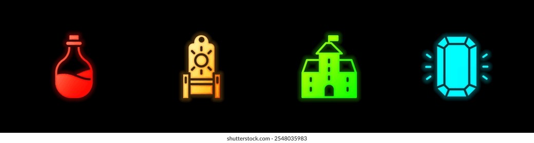 Set Garrafa velha de vinho, trono medieval, castelo, fortaleza e ícone de diamante. Vetor