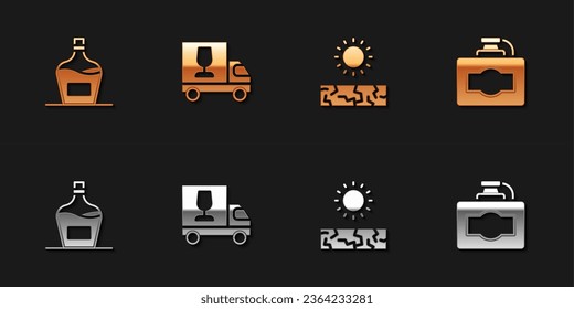 Set Old bottle of wine, Wine truck, Drought and Cardboard box icon. Vector