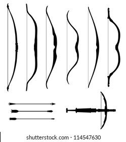 Set Of Old Bows. Contour Collection Of Weapons Icons. Black Isolated Silhouettes Of Historical Hunting And Battle Bows. Bow, Arrow, Arbalest, Crossbow