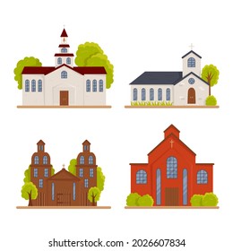 Set of old brick christian churches isolated on white. Catholic religious place or monastery with cross. Public protestant house for union. Architecture and landscape. Vector flat cartoon illustration