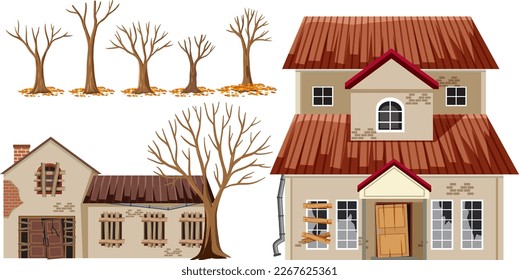 Set of old broken haunted house illustration