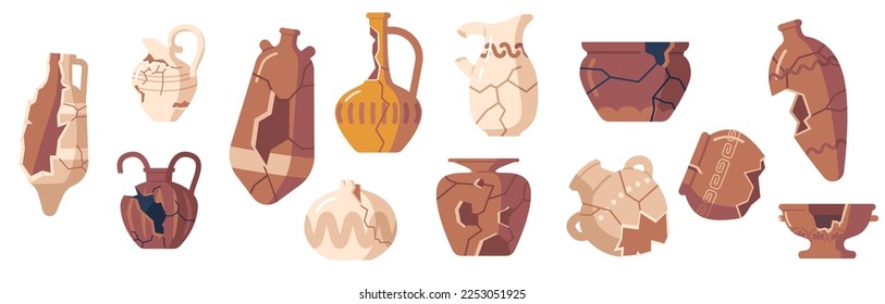 Set von alten zerbrochenen Töpfen, dekorativen Töpfern, Vasen, Jugs oder Pitchers. Antike archäologische Gegenstände, römisches oder griechisches Geschirr mit Ornament einzeln auf weißem Hintergrund. Cartoon-Vektorgrafik