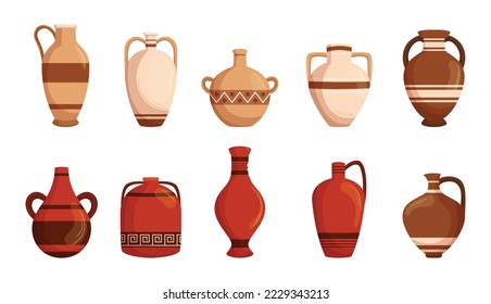 Set of Old Broken Pottery, Clay Vases, Amphora and Jugs. Antique Archaeological Artifacts, Roman or Greek Crockery with Ornament Isolated on White Background. Decorative Cartoon Vector Illustration