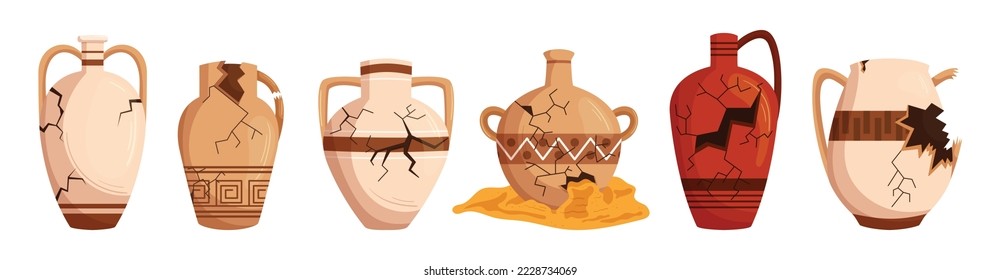 Set of Old Broken Pottery with Cracks and Holes. Antique Historical Artifacts, Roman or Greek Crockery with Ornament Isolated on White Background. Decorative Clay Vases. Cartoon Vector Illustration