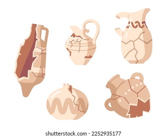 Set of Old Broken Pottery with Cracks and Holes. Antique Historical Artifacts, Roman or Greek Crockery with Ornament Isolated on White Background. Decorative Clay Vases. Cartoon Vector Illustration