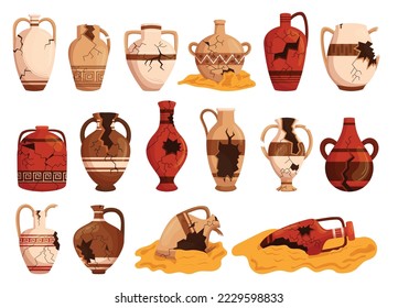 Set Of Old Broken Pottery, Decorative Clay Vases, Jugs Or Pitchers. Antique Archaeological Artifacts, Roman Or Greek Crockery With Ornament Isolated On White Background. Cartoon Vector Illustration