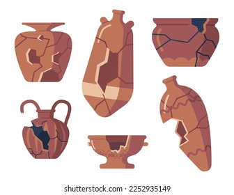 Set of Old Broken Pottery, Jugs, Vases, Pitchers with Cracks. Antique Archaeological Artifacts, Roman or Greek Crockery with Ornament, Isolated Decorative Clay Vases. Cartoon Vector Illustration