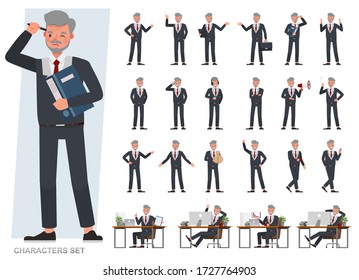 Set of Old businessman character vector design. Presentation in various action with emotions, running, standing and walking. People working in office planning, thinking and economic analysis.
