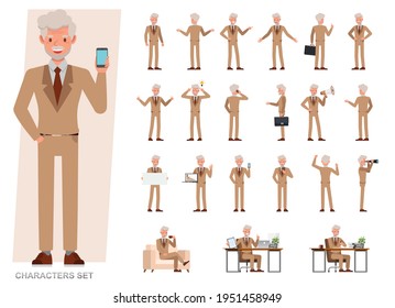 Set of Old businessman character vector design. Presentation in various action with emotions, running, standing and walking. People working in office planning, thinking and economic analysis.