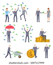 Set of old businessman characters posing with money. Old man giving money, celebrating, standing under money rain and showing other actions. Flat design vector illustration