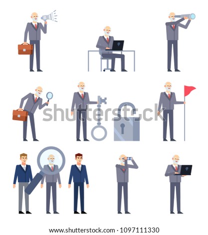 Set of old businessman characters posing in various situations. Old man holding loudspeaker, spyglass, big key, searching and showing other actions. Flat design vector illustration