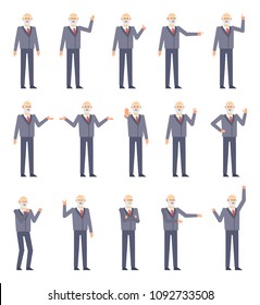 Set of old businessman characters showing various hand gestures. Old man in suit pointing, greeting, showing thumb up, stop sign and other gestures. Flat design vector illustration