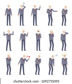 Set of old businessman characters showing various emotions. Old man laughing, crying, tired, angry, sleeping, dazed, surprised and showing other expressions. Flat design vector illustration