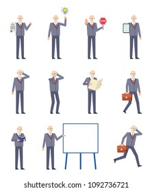 Set of old businessman characters showing various actions. Old man pointing to idea, holding stop sign, reading book, talking on phone and showing other actions. Flat design vector illustration