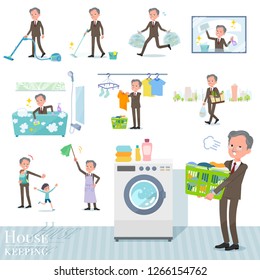 A set of old businessman related to housekeeping such as cleaning and laundry.There are various actions such as child rearing.It's vector art so it's easy to edit.