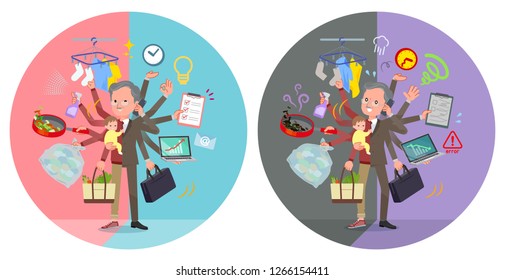 A set of old businessman who perform multitasking in offices and private.There are things to do smoothly and a pattern that is in a panic.It's vector art so it's easy to edit.