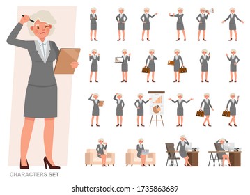 Conjunto de diseño vectorial de personajes antiguos de negocios. Presentación en acción diversa con emociones, correr, pararse y caminar. Personas que trabajan en planificación de oficinas, pensamiento y análisis económico.