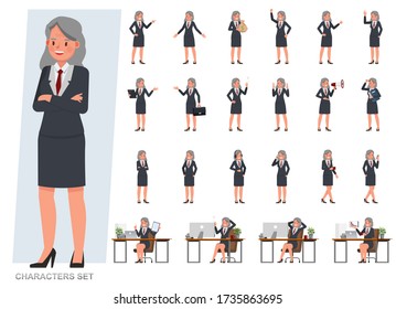 Set of Old businesswoman character vector design. Presentation in various action with emotions, running, standing and walking. People working in office planning, thinking and economic analysis.