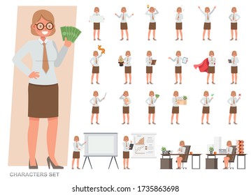 Set of Old businesswoman character vector design. Presentation in various action with emotions, running, standing and walking. People working in office planning, thinking and economic analysis.