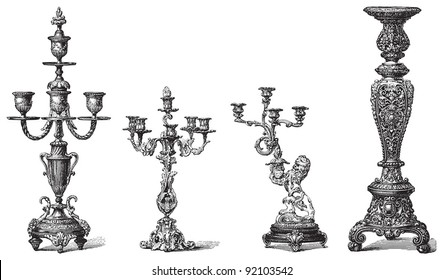 Set of old candlesticks / vintage illustrations from Meyers Konversations-Lexikon 1897