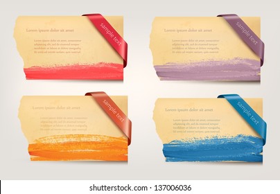 Set of  old cardboard paper banners with sale ribbons. Vector