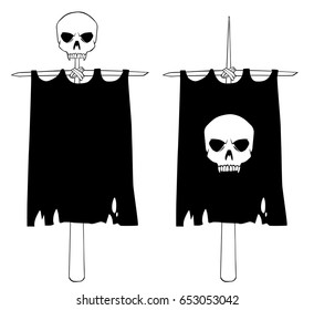 Set of old cartoon standing black banner and flag with scull 