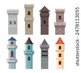 Set of old castle towers collection, Medieval castle towers, magic fantasy fortress, Castle brick tower isolated turret fortress with rampart window, medieval fort, chess tower vector illustration.