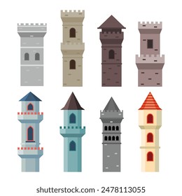 Set of old castle towers collection, Medieval castle towers, magic fantasy fortress, Castle brick tower isolated turret fortress with rampart window, medieval fort, chess tower vector illustration.