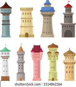 Set of old castle towers. Vector illustration on a white background.