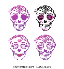 Set Old Catrina woman and man with make up of sugar skull. Dia de los muertos. Mexican Day of the dead. Vector illustration hand drawing isolated on white background